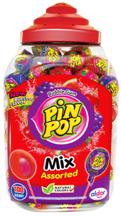 PIN POP ASSORTED MIX 18g lízátko se zvýkačkou (Balení: 100ks 1ks=2,50Kč)