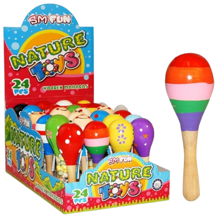 WOODEN MARACAS 5g drevená hračka s bonbóny (Baleni:24ks 1ks=19Kč)