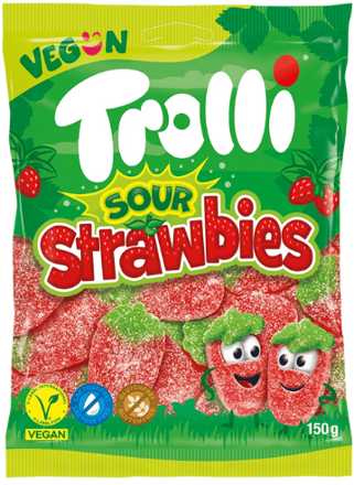 TROLLI SOUR STRAWBIES 150g želé bonbóny TROLLI SOUR STRAWBIES 150g želé bonbóny