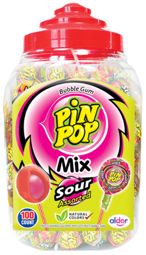 PIN POP ASSORTED SOUR MIX 18g kyselé lízátko se zvýkačkou (Balení: 100ks 1ks=2,50Kč)
