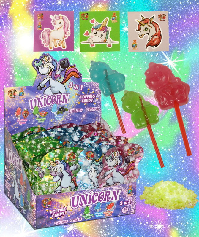 UNICORN POPPING CANDY 16g lízátko s práškem (Balení:36ks 1ks od 9Kč) UNICORN POPPING CANDY 16g lízátko s práškem (Balení:36ks 1ks od 9Kč)