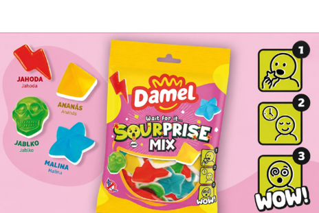 Bonbony DAMEL Sourprise Mix s ovocnými příchutěmi, které během žvýkání mění chuť ze sladké na kyselou.